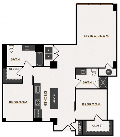 Floor plan for 2 beds, 2 baths, 1334 sqft